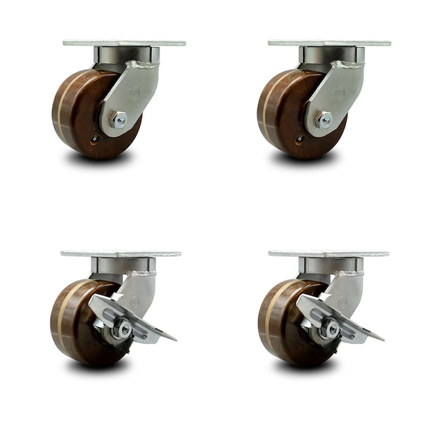 6 Inch Heavy Duty High Temp Phenolic Swivel Caster Set with 2 Brakes, 4PK